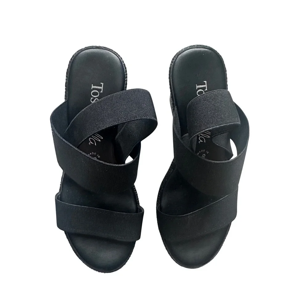 Toscanella Black Elastic Strap Wedge Sandals Made in Italy Womens 6.5 Platform